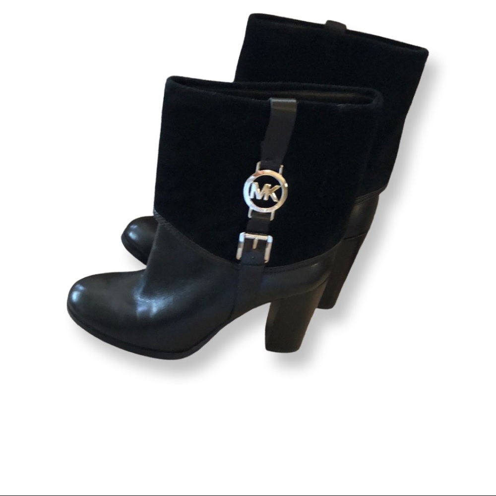 Michael Kors Black Leather and Suede Cuffed Heeled Boots